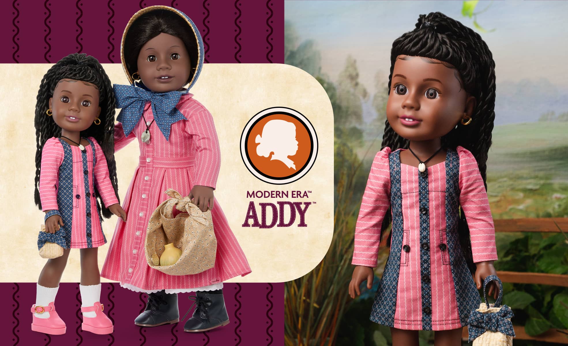 Image of American Girl and Modern Era Addy doll standing side by side