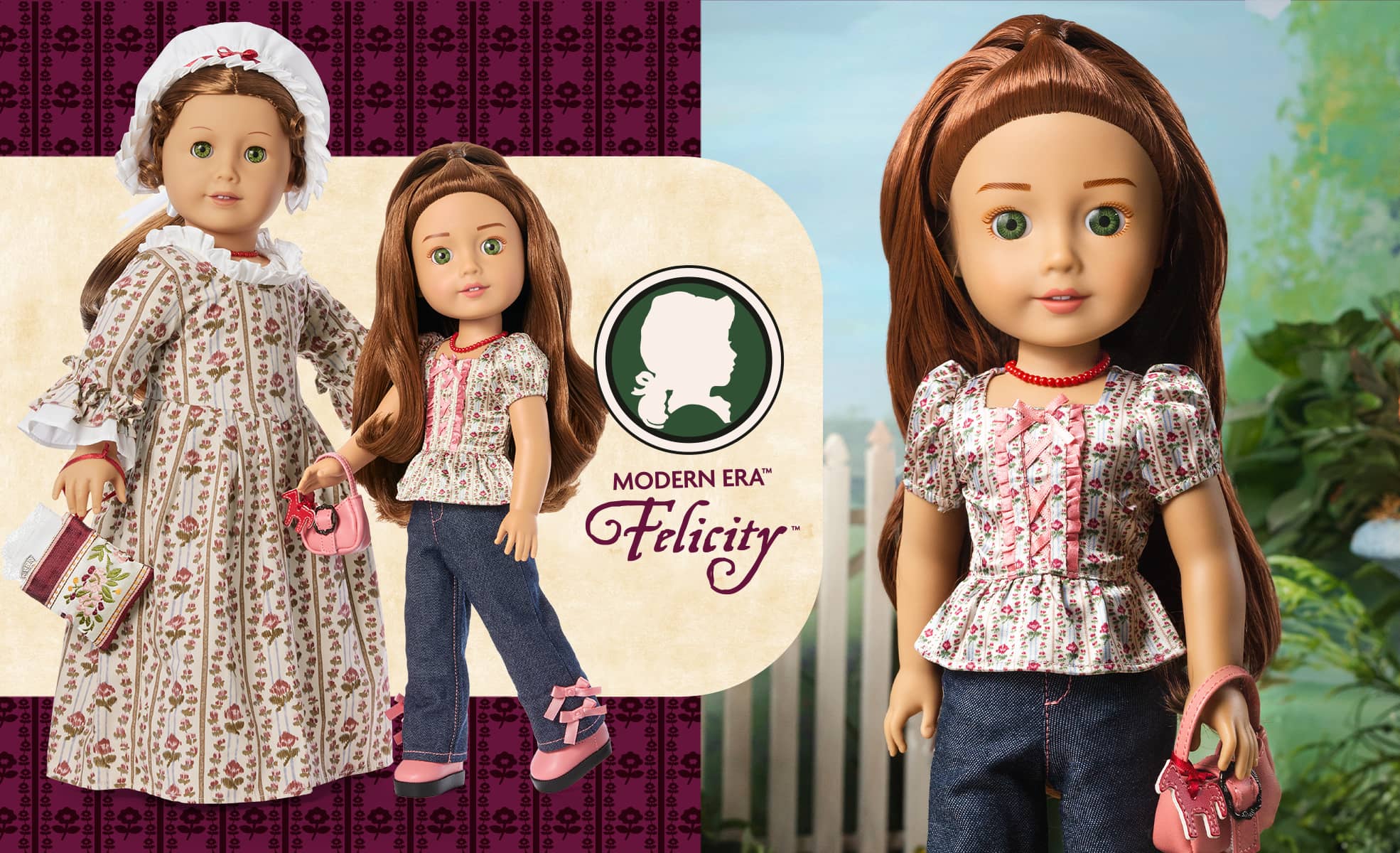 Image of American Girl and Modern Era Felicity doll standing side by side