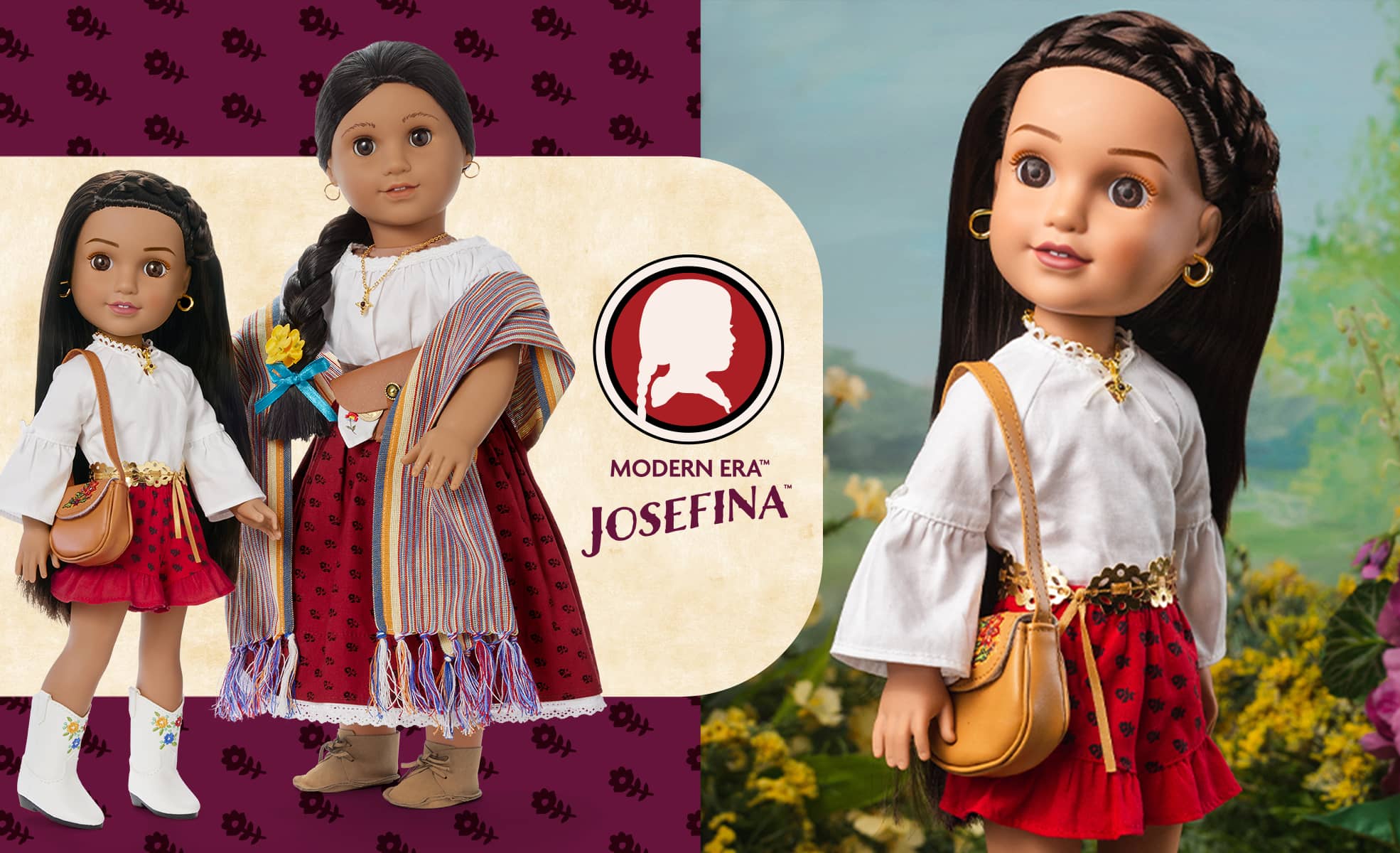 Image of American Girl and Modern Era Josefina doll standing side by side