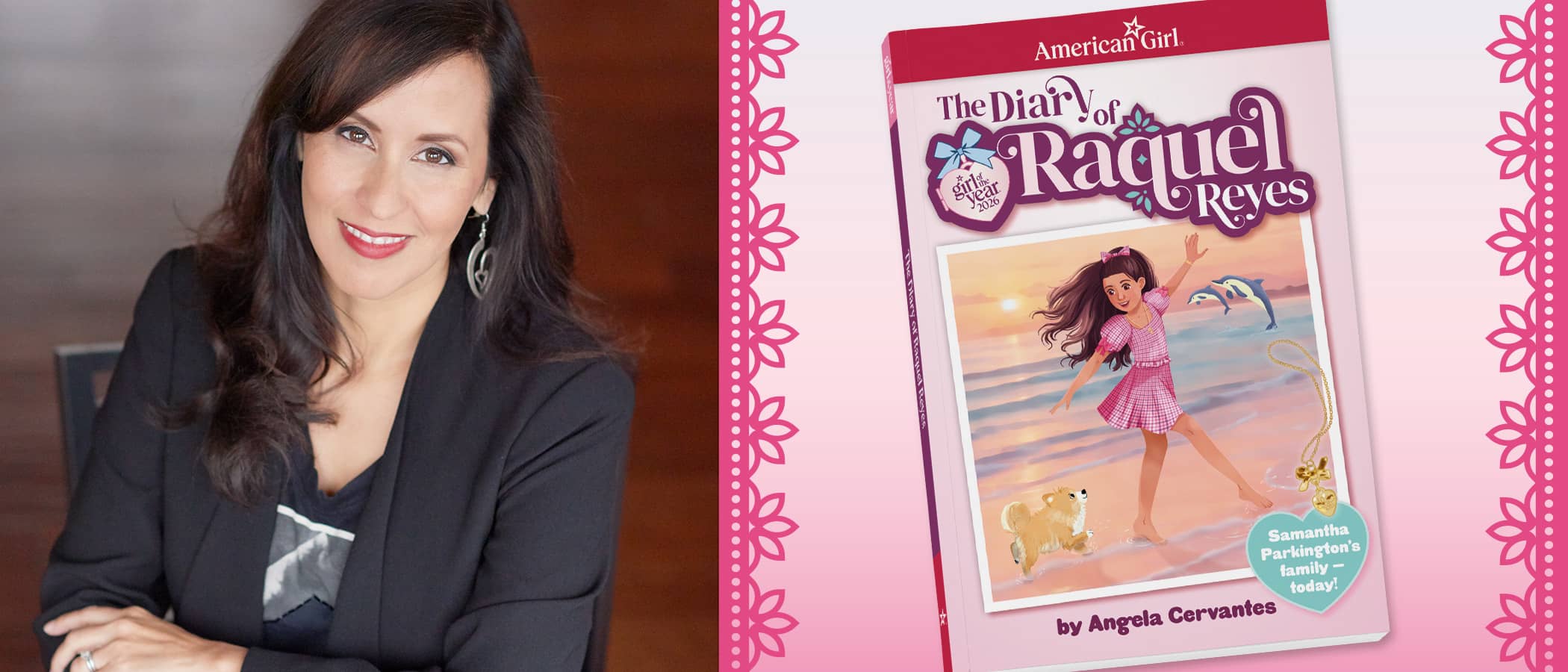 Author Angela Cervantes and pages from The Diary of Raquel Reyes