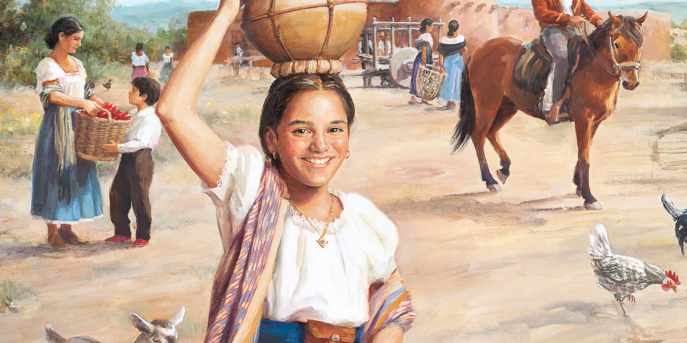 Illustrated image of Josefina Montoya smiling and carrying a pot on her head in the market